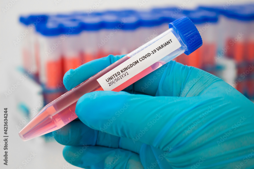 A medical Worker holding a centrifuge tubes with graduated marks with a Covid-19 UK variant virus sample. A medical Worker holding a centrifuge tubes with graduated marks with a Covid-19 UK variant virus sample.