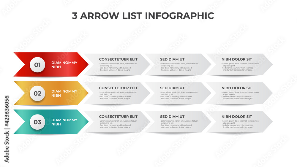 3 list of arrow process diagram with bullets and points, infographic element template vector