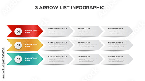 3 list of arrow process diagram with bullets and points, infographic element template vector