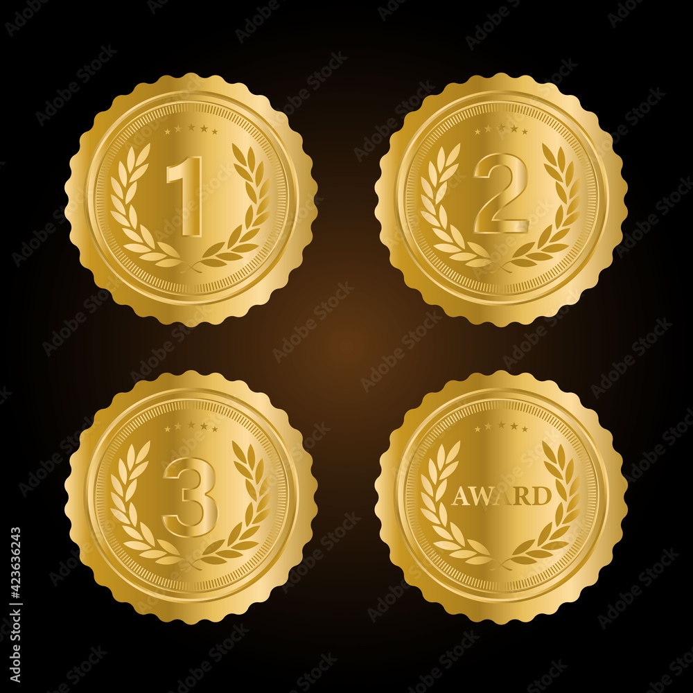 1st, 2nd, 3rd Sports awards three medals, gold isolated on a black background design 1st, 2nd, 3rd Sports awards three medals, gold isolated on a black background design