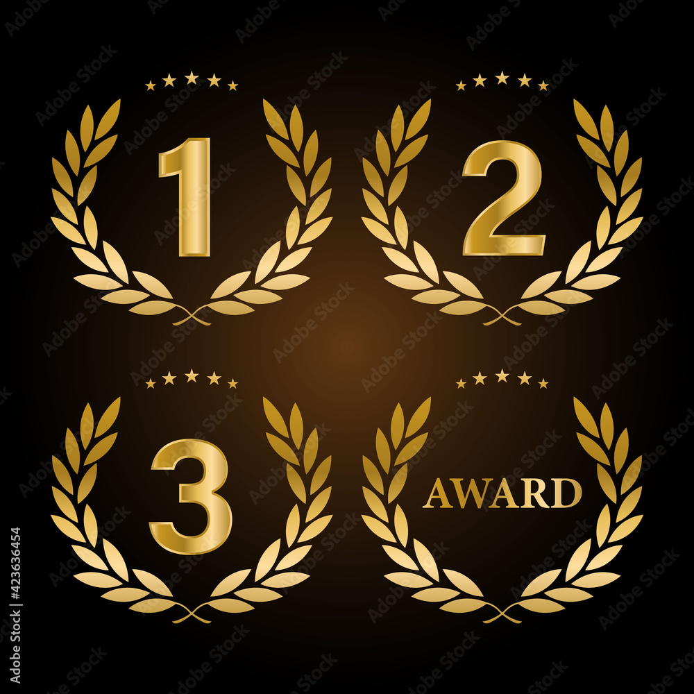 1st, 2nd, 3rd Sports awards three medals, gold isolated on a black ...