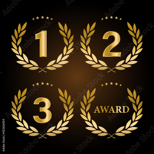1st, 2nd, 3rd Sports awards three medals, gold isolated on a black background design photo