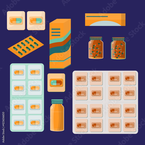 Set of medicines. Blister packaging of tablets and capsules, vials. Pain relievers, antibiotics, vitamins and aspirin in the pharmacy. Large selection of medicines. Isolated elements. Vector 