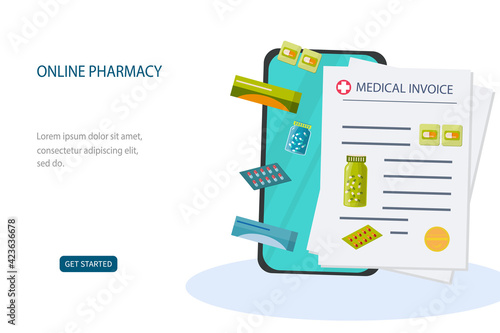 Online pharmacy. Medicines in a blister pack. phone and invoice for payment. The concept of healthcare, online ordering or buying medicines over the Internet. Template. Vector.