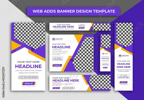 Web Banner, Creative Purple, Yellow White Colour Web Adds Banner Or Google Ads Cover Design Template