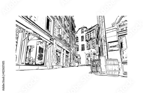 Building view with landmark of Rennes is the 
city in France. Hand drawn sketch illustration in vector.