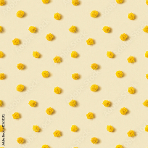 Mimosa flower is pattern of round fluffy yellow balls. Geometric polka dot pattern made of natural flowers. Minimal abstract background
