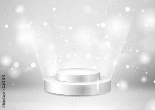 White podium product presentation, abstract background, stars glitter 3d vector illustration