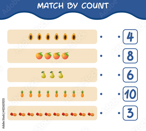 Match by count of cartoon fruits. Match and count game. Educational game for pre shool years kids and toddlers