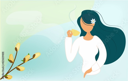 Spring card with a girl drinking coffee. Cute asian girl holding a cup, welcomes spring. Delicate vector background.Welcome spring with coffee.