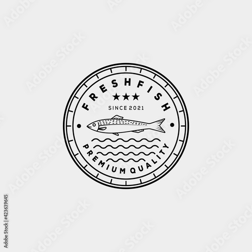 smoked grilled fish restaurant line art logo template vector illustration design. linear anchovy, tuna, salmon, mackerel badge logo concept