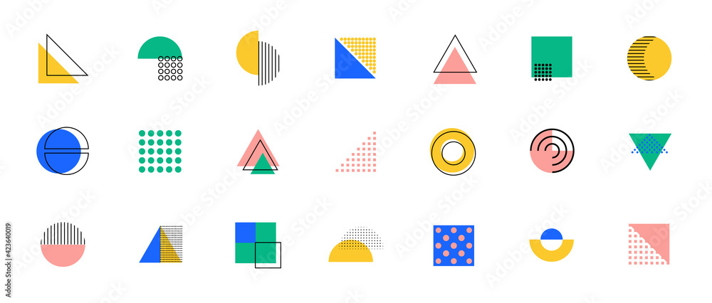 Memphis geometric abstract shapes background vector . Retro trendy halftone vector elements design for advertisement, Wallpaper, commercial and sale banner, poster. Vector illustration.