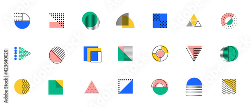 Memphis geometric abstract shapes background vector . Retro trendy halftone vector elements design for advertisement, Wallpaper, commercial and sale banner, poster. Vector illustration.