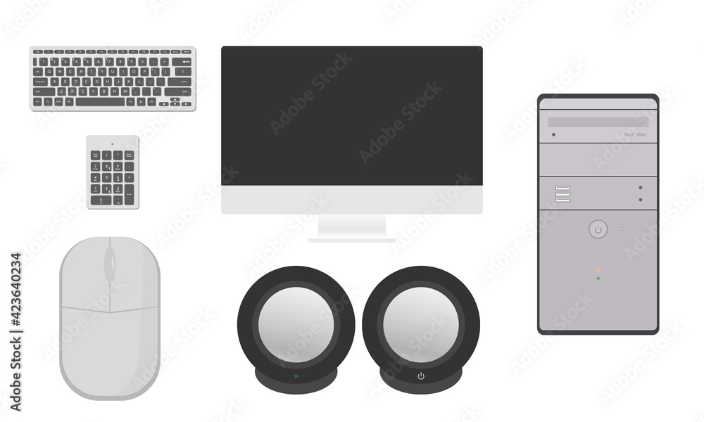 A set for a home computer. Monitor, system unit, round stylish speakers, computer mouse, simple and digital keyboard. Flat vector illustrations