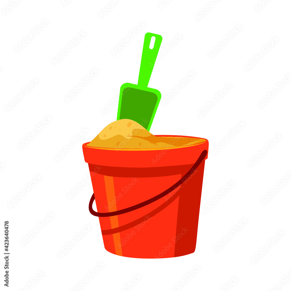 Children's sand bucket and scoop on a white background, vector illustration Children's sand bucket and scoop on a white background, vector illustration