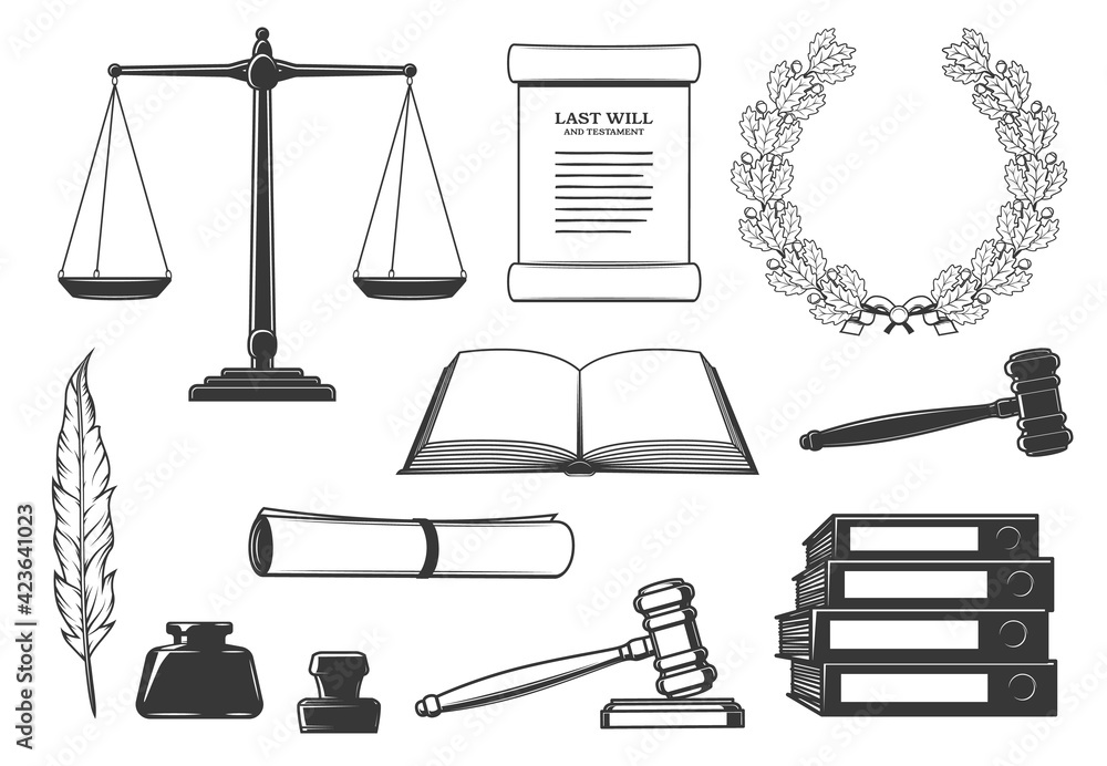 Vecteur Stock Law, court and criminal justice system symbols. Last will  testament document, oak wreath and scales of justice, judge gavel, open  book and quill pen, inkwell, signet stamp and binders engraved