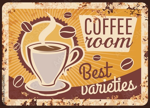 Coffee room rusty metal vector plate. Ristretto espresso shot, mocha or cappuccino in porcelain cup on saucer. Coffee shop, cafeteria or restaurant retro banner, vintage sign with rust texture