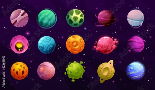 Space planets, cartoon galaxy universe fantasy, vector icons on sky background. Space game planets and flat satellites with meteor craters and orbit rings, exploration and alien spaceflight mission