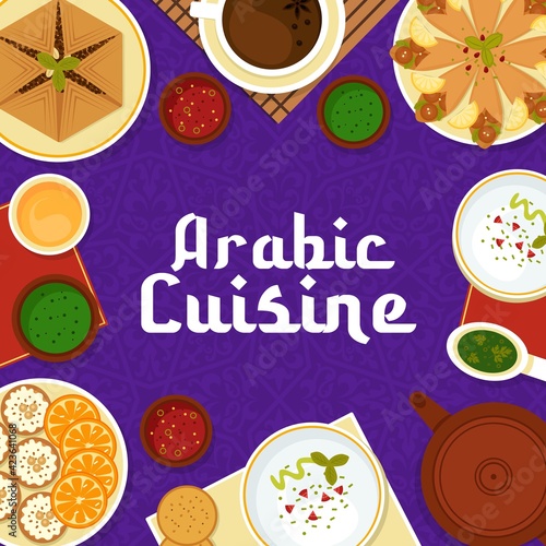 Arabic cuisine vector meat pie sfeeha  hummus with pita bread and flatbread with chickpea falafels  cupcake knafen  sauce and anise tea. Arabian food cartoon poster with oriental ornament top view