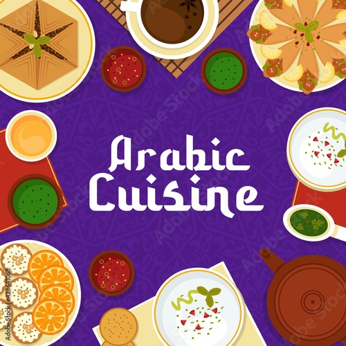 Arabic cuisine vector meat pie sfeeha, hummus with pita bread and flatbread with chickpea falafels, cupcake knafen, sauce and anise tea. Arabian food cartoon poster with oriental ornament top view