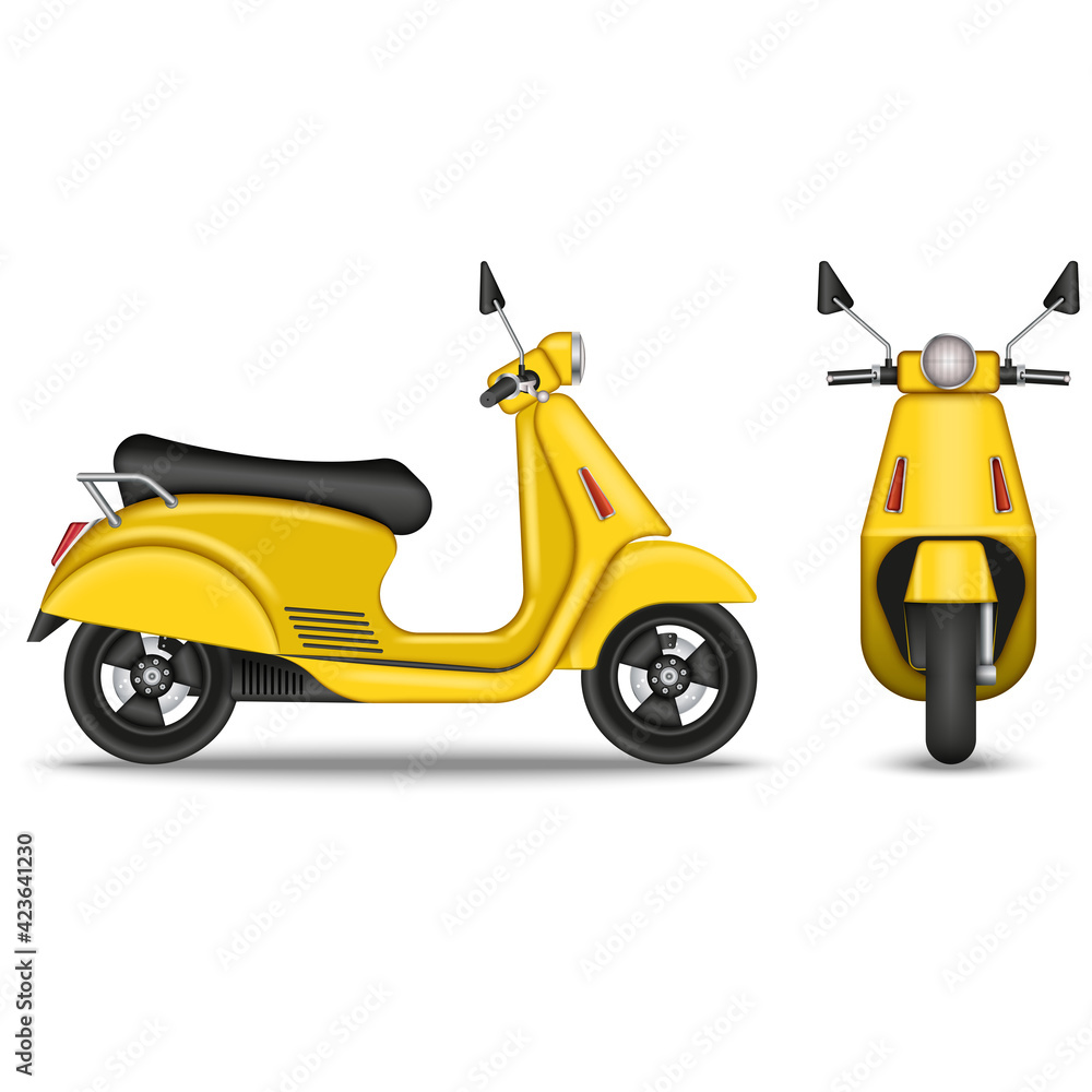 Yellow realistic scooter isolated on white background front and side view, 3d vector vehicle model with shadows. Yellow realistic scooter isolated on white background front and side view, 3d vector vehicle model with shadows.