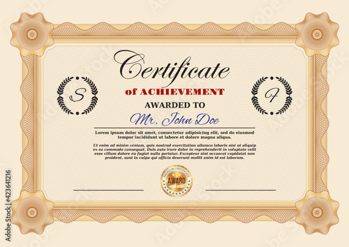 Certificate of achievement or appreciation vector template with guilloche frame border and premium gold seal. Diploma, graduation award and winner honor gift, education and business certificate design