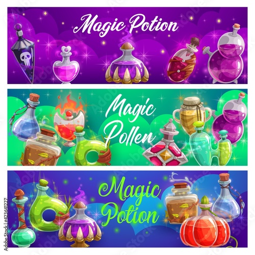 Magic potion bottles vector banners, magical elixir or pollen in glass flasks. Fairy dust, love or death potion glowing liquid with enchanting sparkling. Cartoon witch poison bottles for spell cards