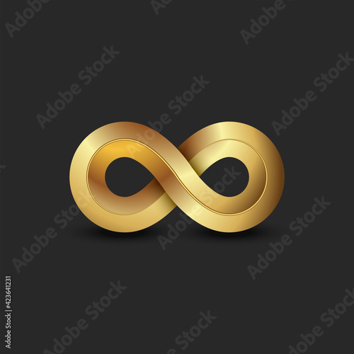 Infinite logo 3d golden ratio geometric shape, gold gradient infinity symbol technology symbol.
