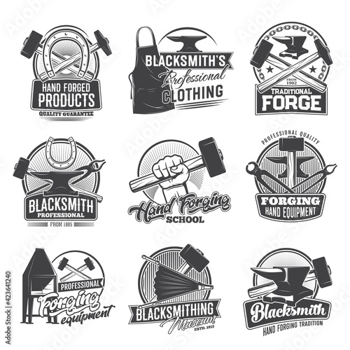 Blacksmith profession vector icons, hand forged products, clothing, traditional forge. Hand forging school, equipment hammer, stove or anvil, museum exhibition monochrome symbols horseshoe, apron set