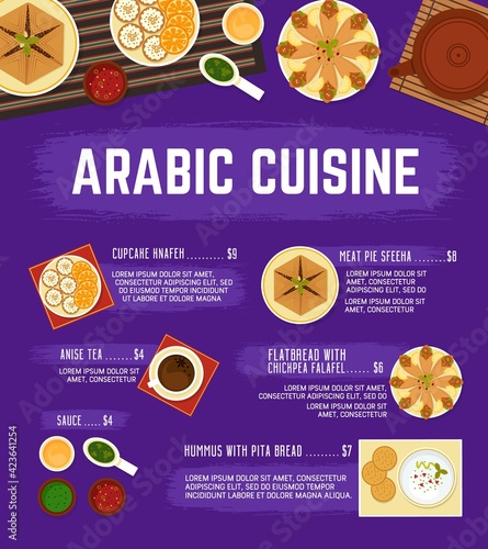 Arabic cuisine menu. Vector meat pie sfeeha, hummus with pita bread, flatbread with chickpea falafels, cupcake knafen, sauce, and hot drink anise tea. Arabian food menu with oriental ornament