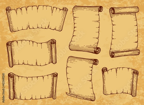 Scrolls, paper parchments and old manuscripts, vector ancient vintage papyrus. Sketch scrolls and parchment banners, antique document rolls and scripture letters with torn worn edges