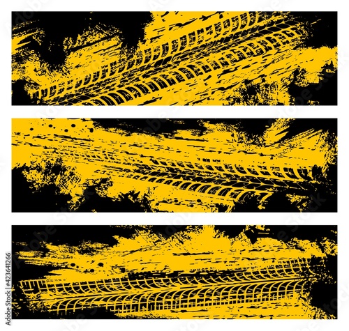 Tyre tracks, off road tire prints, grunge vector car treads, black and yellow spots and marks. Rally, motocross bike protectors, vehicle, transportation dirty wheels trace. Quality service banners set
