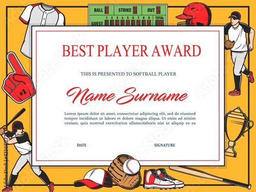 Baseball best player award diploma vector template. Winner certificate in tournament, sport school award frame with sports equipment helmet, bat and ball, glove, sportsmen in uniform playing on field