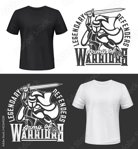 Tshirt print with knight and sword vector mockup, fight club mascot medieval warrior in helmet and cape attack. Monochrome apparel design legendary defenders typography isolated t shirt print or label