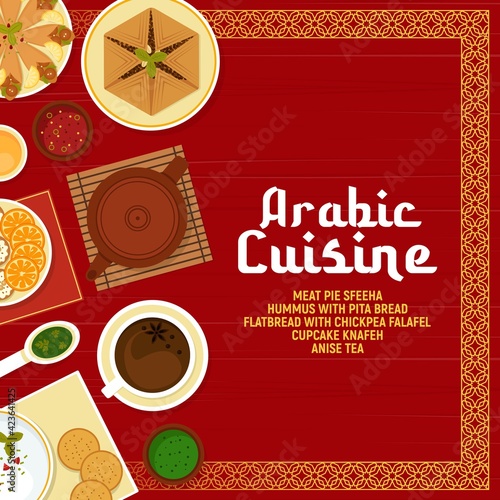 Arabic cuisine vector meat pie sfeeha, hummus with pita bread, flatbread with chickpea falafels, cupcake knafen, sauce, and hot drink anise tea. Arabian food cartoon poster with oriental ornament