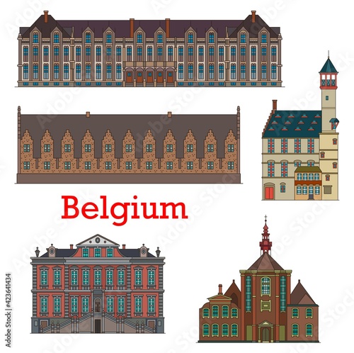 Belgium landmarks and architecture, Belgian Liege palaces, cathedrals and churches, vector. Belgium travel landmark buildings of Groot Vleeshuis or Great Butchers Hall, Stadhuis and Toreken tower photo