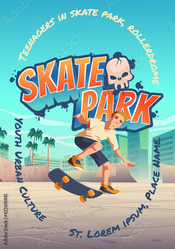 Skate park poster with boy riding on skateboard
