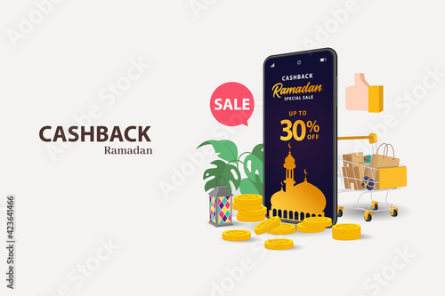 Ramadan super sale, web banner design with hanging intricate lanterns and space for your image. Up to 30% Cash back offer.