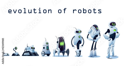 Robots evolution, AI android transformer bots, vector robo cybernetics technology. Robots and cyborgs, futuristic artificial intelligence and smart computer engineering progress, robotic machines