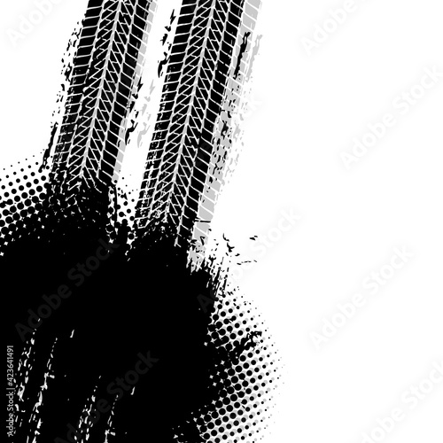 Offroad grunge vector tyre prints with dirty dotted black spot on white background. Automobile protector track, rally trace, motocross tires pattern, off road grungy trails with stain textured design