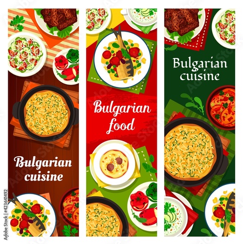 Bulgarian food cuisine menu dishes, meals banners, vector Bulgaria restaurant meat and salads. Bulgarian traditional cuisine food baked fish in tomato sauce, cheese stuffed peppers and potato pie