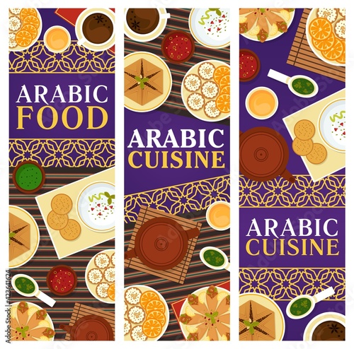 Arabic cuisine vector dishes anise tea, meat pie sfeeha, hummus with pita bread, flatbread with chickpea falafels, cupcake knafen, sauce oriental dishes. Arabian food and drinks cartoon banners set
