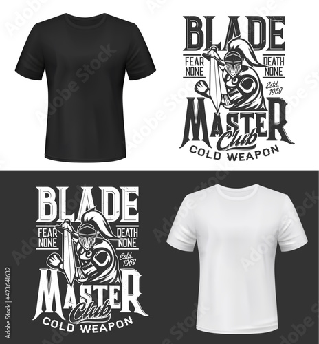 Tshirt print with knight and sword vector mockup, fight club mascot, medieval warrior in helmet and cape attack. Apparel design with typography blade master, isolated monochrome t shirt print or label