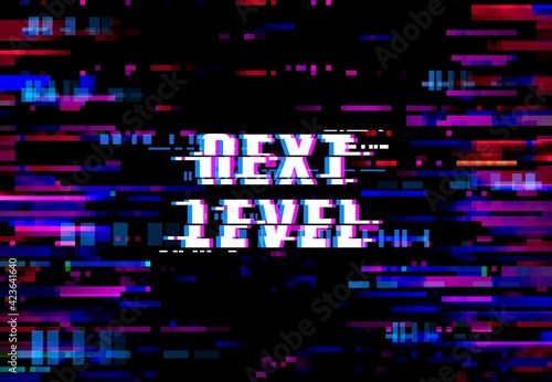 Glitch background, Next Level pixels and digital noise on screen, vector. Glitch on TV or computer display, VHS video television effect for game, video signal distortion