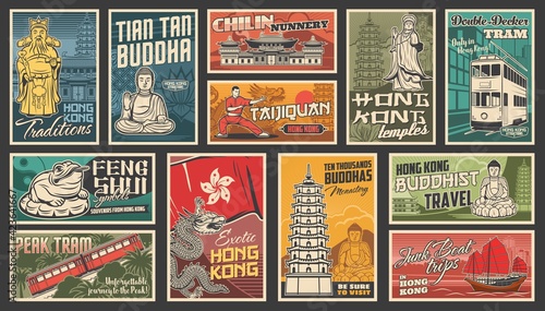 Hong Kong travel vector Chinese landmarks. Dragon, traditional ancient pagoda building architecture, buddha statue and Hongkong flag with orchid, temple and feng shui frog. Asian tourism retro posters