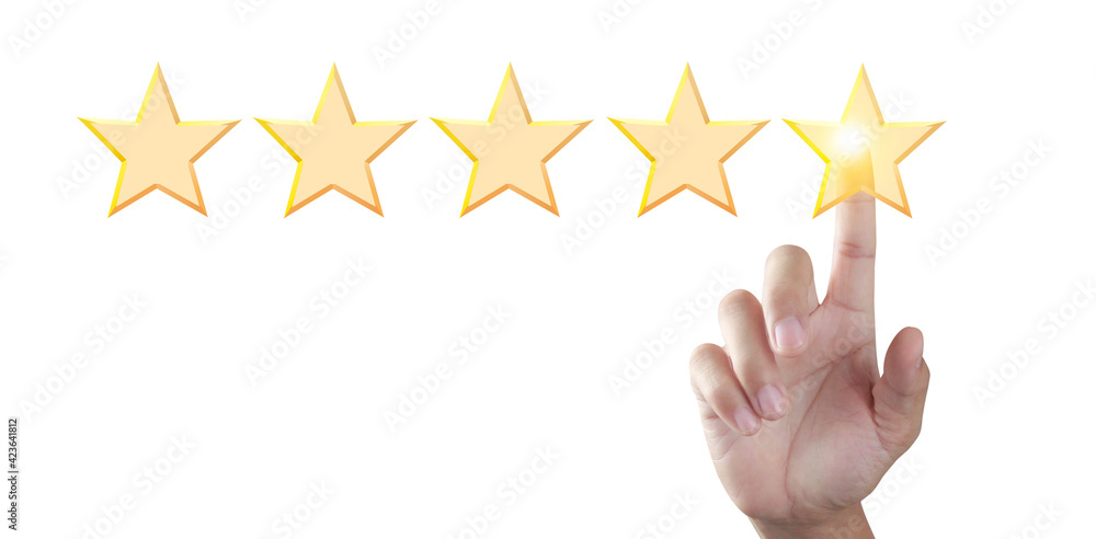 Hand of touching rise on increasing five stars. Increase rating evaluation classification concept Hand of touching rise on increasing five stars. Increase rating evaluation classification concept