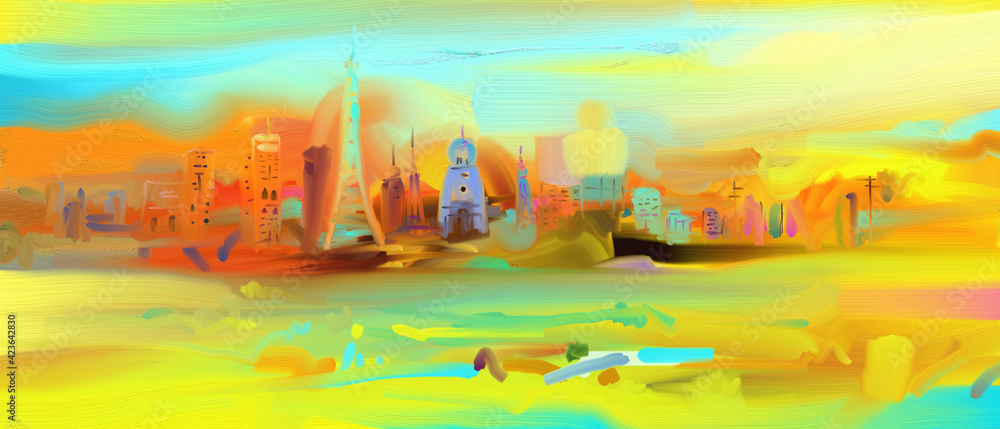 Abstract colorful art oil painting on canvas skyline and village.