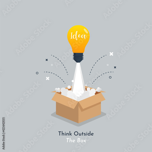 Idea lamp light launch from box cartoon icon illustration. Think outside of box concept.