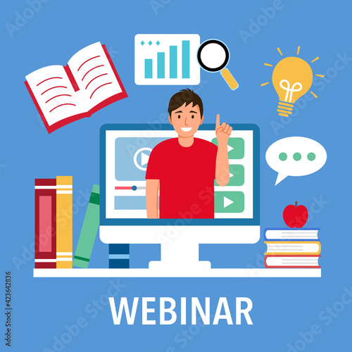 Webinar concept vector illustration. Man speaking on computer screen with books on desk in flat design. Online training course.