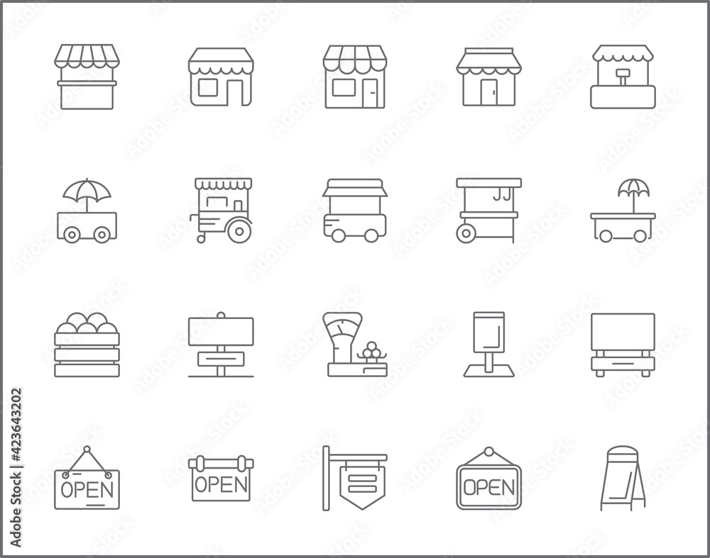 Set of vendor and store line style. It contains such Icons as shop, sign board, shopping, street food, vendor booth, food cart, market and other elements. customize color, easy resize.